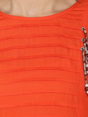 Orange 3/4th sleeve rayon slub A-line kurta with pleat work at yoke