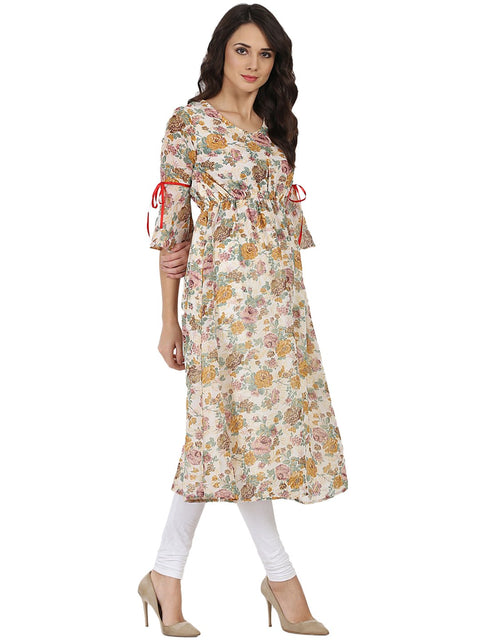 Off white flower printed 3/4th sleeve georgette Anarkali kurta