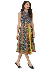 Blue & Yellow printed sleeveless Cotton Anarkali kurta with Zip at yoke