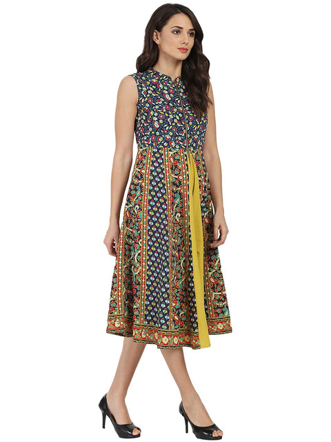 Blue & Yellow printed sleeveless Cotton Anarkali kurta with Zip at yoke