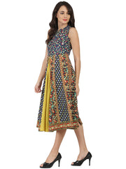 Blue & Yellow printed sleeveless Cotton Anarkali kurta with Zip at yoke