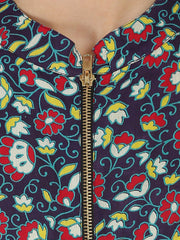 Blue & Yellow printed sleeveless Cotton Anarkali kurta with Zip at yoke