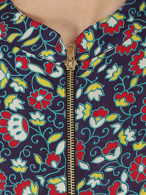 Blue & Yellow printed sleeveless Cotton Anarkali kurta with Zip at yoke