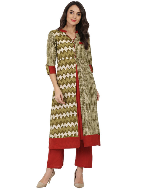 Green printed 3/4th Sleeve Cotton A-line kurta