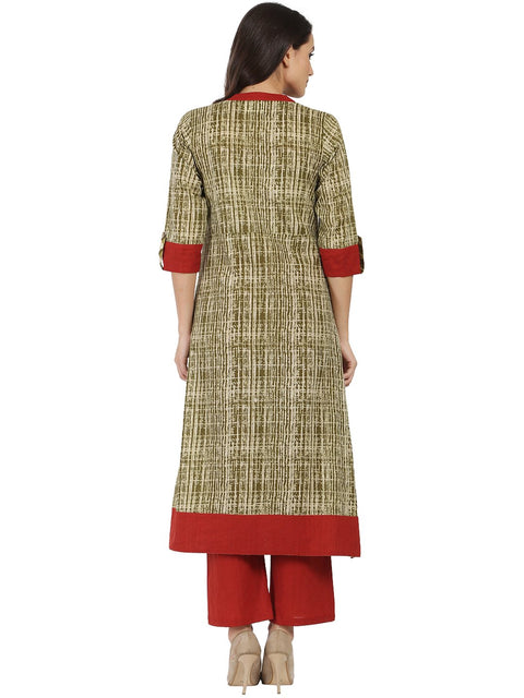 Green printed 3/4th Sleeve Cotton A-line kurta
