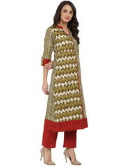 Green printed 3/4th Sleeve Cotton A-line kurta