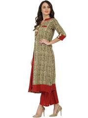Green printed 3/4th Sleeve Cotton A-line kurta
