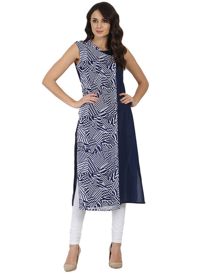 Blue printed sleeveless georgette Angrakha Style kurta