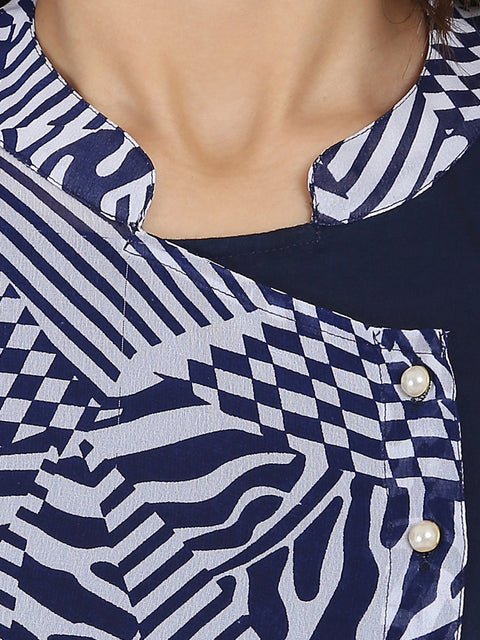 Blue printed sleeveless georgette Angrakha Style kurta