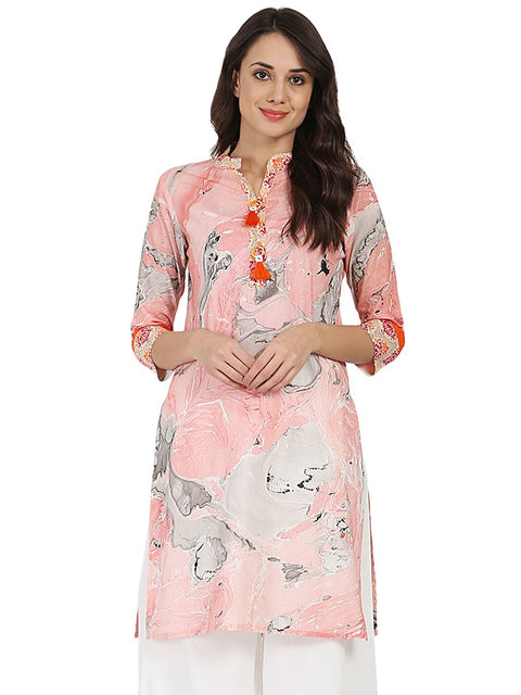 Peach marval printed 3/4th sleeve cotton kurta