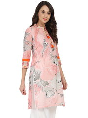 Peach marval printed 3/4th sleeve cotton kurta