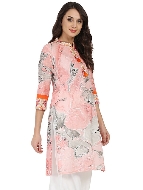 Peach marval printed 3/4th sleeve cotton kurta