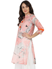 Peach marval printed 3/4th sleeve cotton kurta