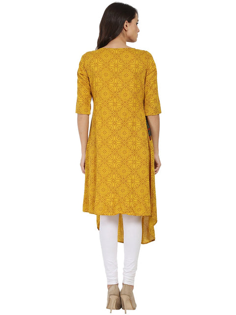 Yellow printed half sleeve Rayon A-line kurta