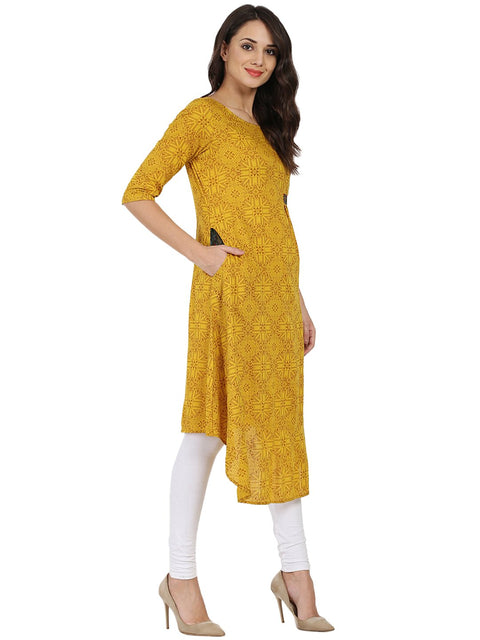 Yellow printed half sleeve Rayon A-line kurta