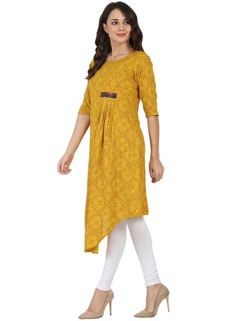 Yellow printed half sleeve Rayon A-line kurta
