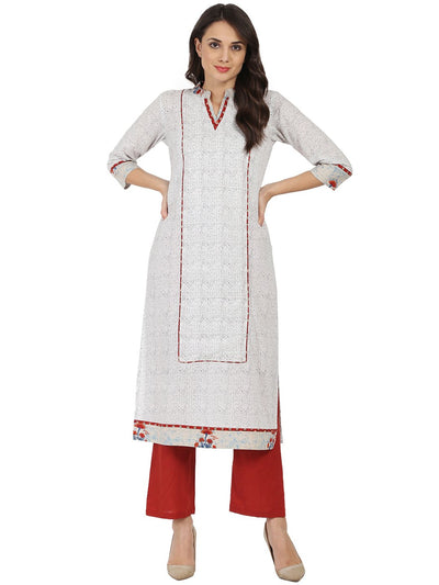 White printed 3/4th sleeve cotton A-line kurta