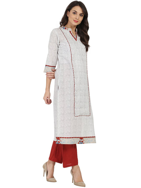 White printed 3/4th sleeve cotton A-line kurta
