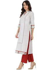 White printed 3/4th sleeve cotton A-line kurta