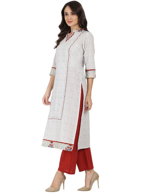 White printed 3/4th sleeve cotton A-line kurta
