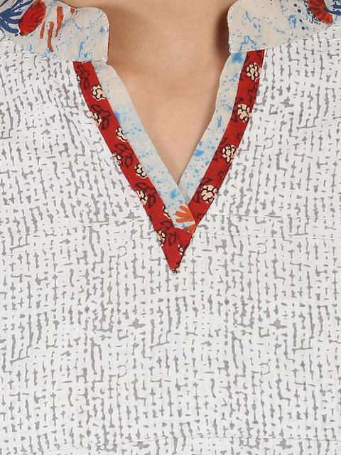 White printed 3/4th sleeve cotton A-line kurta