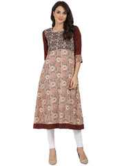 Brown printed 3/4th sleeve Cotton   A-line kurta