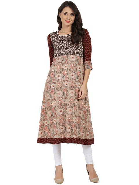 Brown printed 3/4th sleeve Cotton   A-line kurta