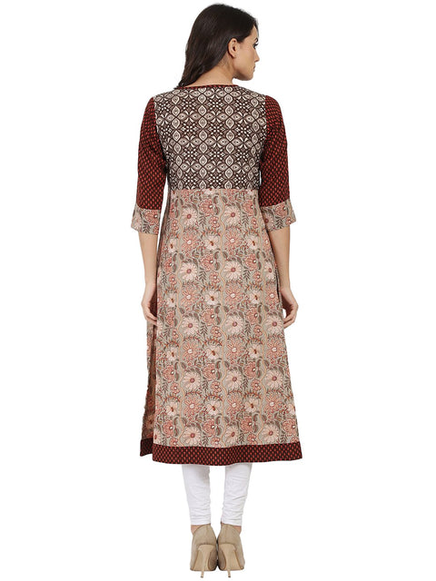 Brown printed 3/4th sleeve Cotton   A-line kurta