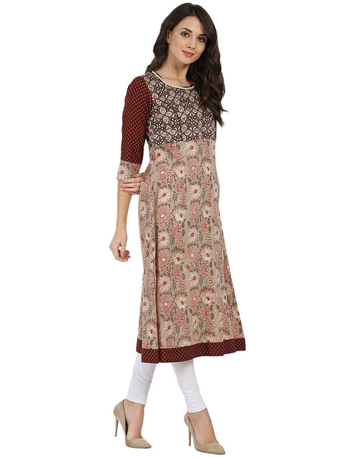 Brown printed 3/4th sleeve Cotton   A-line kurta