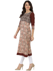 Brown printed 3/4th sleeve Cotton   A-line kurta