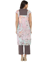 Multi Marbal printed Cotton sleeveless kurta with grey palazzo