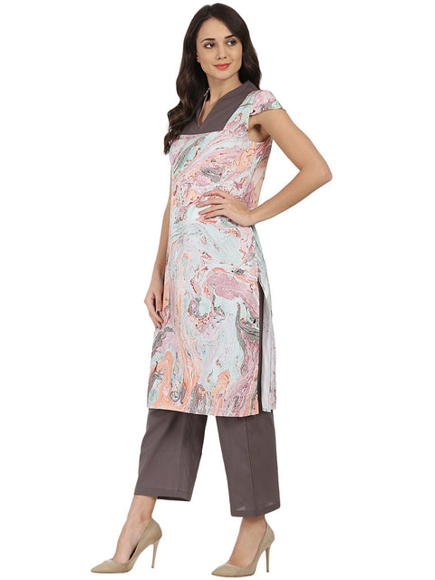 Multi Marbal printed Cotton sleeveless kurta with grey palazzo