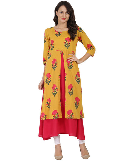 Mustard & Pink printed 3/4th sleeve cotton Double layer kurta