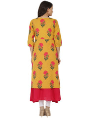 Mustard & Pink printed 3/4th sleeve cotton Double layer kurta