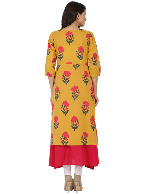Mustard & Pink printed 3/4th sleeve cotton Double layer kurta