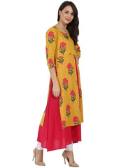 Mustard & Pink printed 3/4th sleeve cotton Double layer kurta