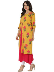 Mustard & Pink printed 3/4th sleeve cotton Double layer kurta