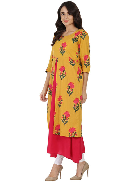 Mustard & Pink printed 3/4th sleeve cotton Double layer kurta