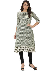Off white printed 3/4th sleeve cotton A-line Kurta