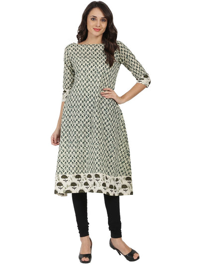 Off white printed 3/4th sleeve cotton A-line Kurta