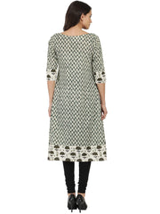 Off white printed 3/4th sleeve cotton A-line Kurta
