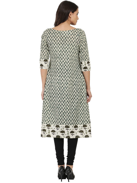 Off white printed 3/4th sleeve cotton A-line Kurta