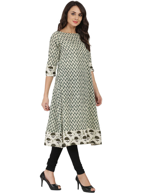 Off white printed 3/4th sleeve cotton A-line Kurta