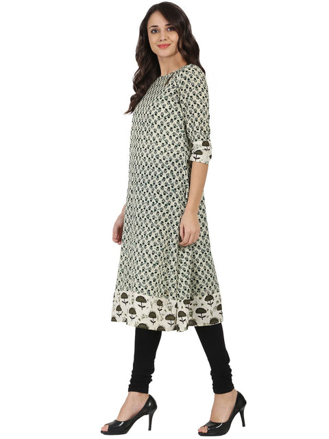 Off white printed 3/4th sleeve cotton A-line Kurta