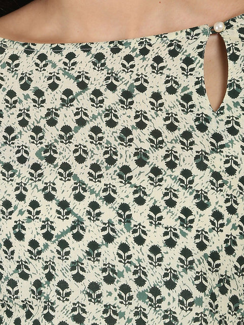 Off white printed 3/4th sleeve cotton A-line Kurta