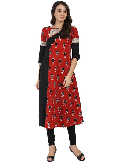 Black & red printed Half sleeve cotton A-line Kurta