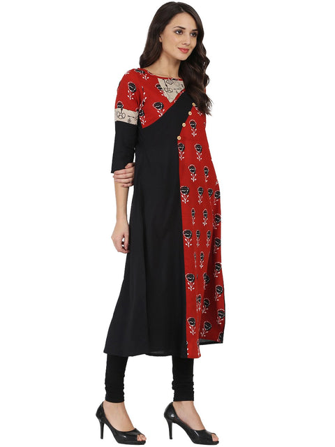 Black & red printed Half sleeve cotton A-line Kurta