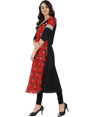Black & red printed Half sleeve cotton A-line Kurta