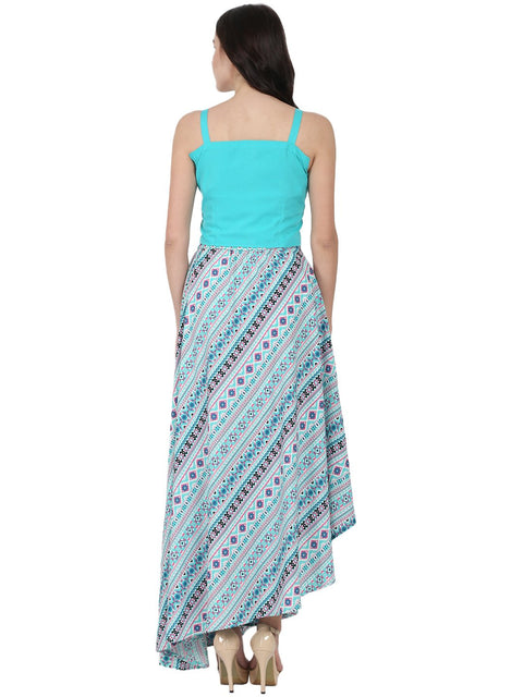 Blue Sleeveless crepe crop top with flared printed Assymetric skirt
