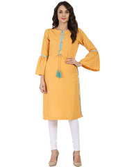Yellow 3/4th sleeve crepe kurta with Dori work at yoke